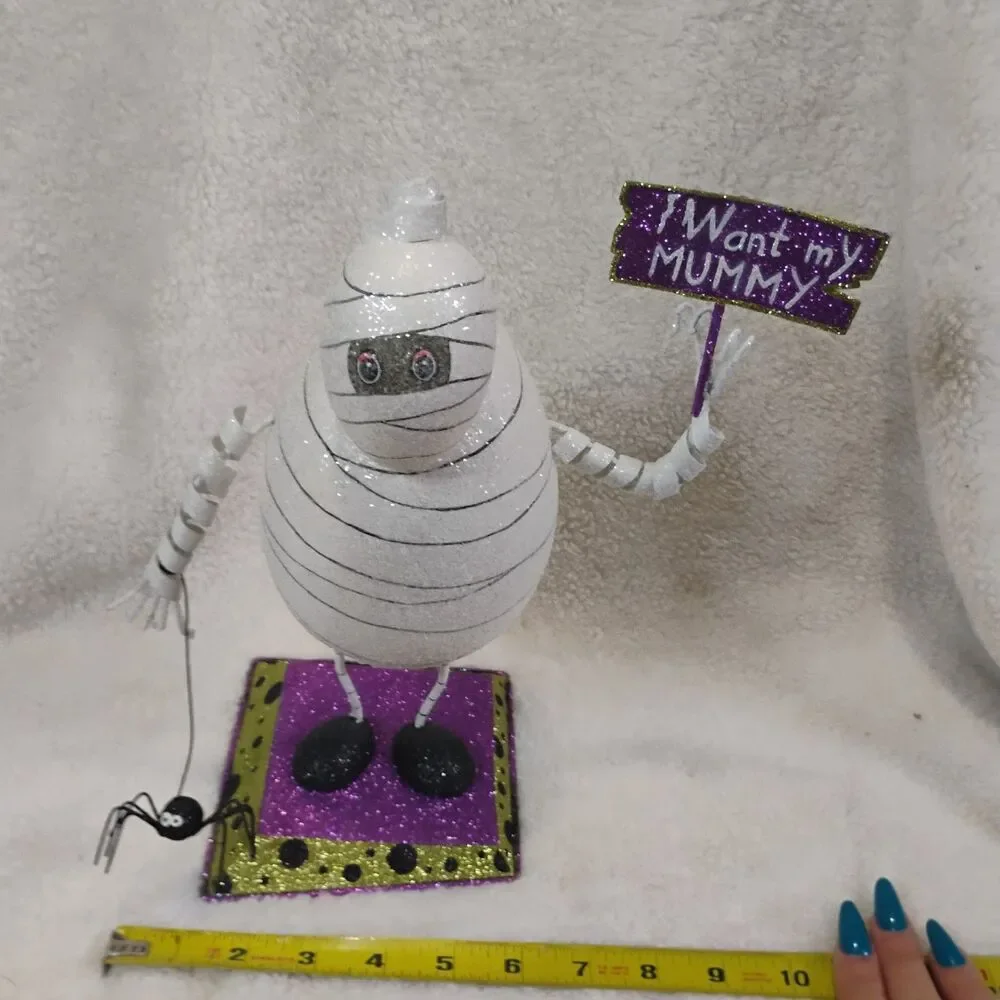 Pier 1 Imports HTF Glitter Mummy Figurine I Want My Mummy Sign Spider Halloween